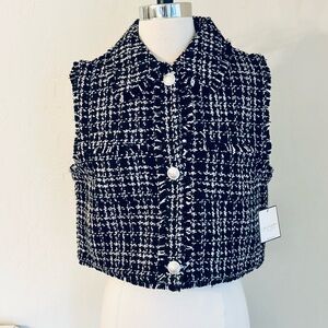 Laundry by Shelli Segal Tweed Cropped Vest Frayed Design, Black /White, Sz S NWT
